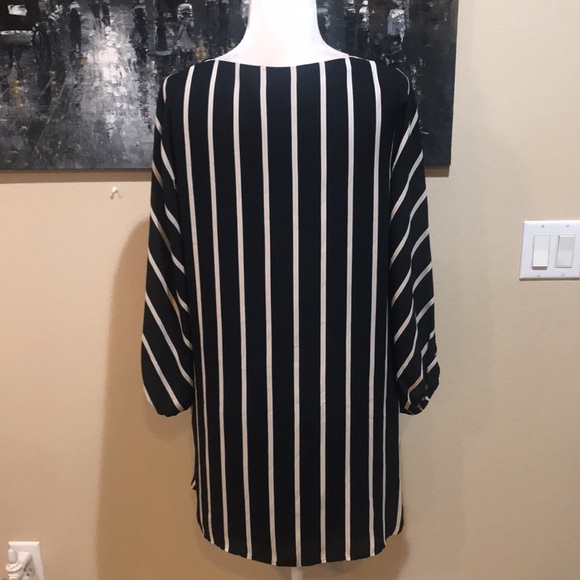 LOFT Black and Tan Striped Dress w/Puffed Side Rounded Hem and Lining-SP - Picture 3 of 7